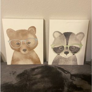 11x14” Bear & Racoon w/ glasses canvas wall pictures.